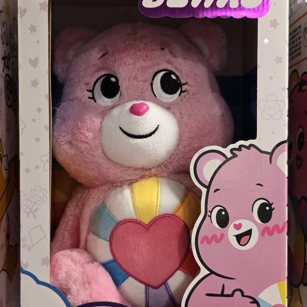 Care Bear Style Pink Plush Toy with Heart Belly - Cute Kids Soft Toy